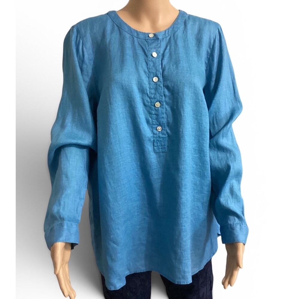 J. Jill Blue Linen Henley Tunic Blouse Lagenlook Boho Long Sleeve Popover Top L